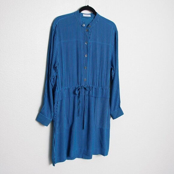 Equipment Lizza Striped Dress Drawstring Waist Long Sleeve Blue Black 4 - Picture 4 of 10